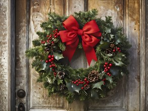 Classic holiday wreath with frosted holly leaves hanging on a rustic wooden door, AI generated