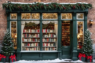 Ornate holiday window display of a cozy bookstore, AI generated