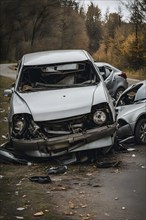 Close-up of damaged car wrecks after a road accident, AI generated