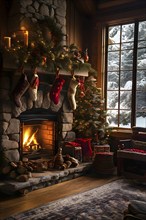 Traditional stone fireplace decorated for Christmas, with garlands, stockings, and candles, set in