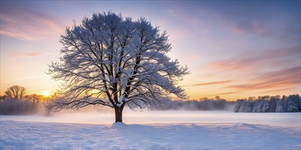 Serene winter landscape with a snow covered tree and a vibrant sunrise, AI generated