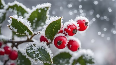 Frosty holly branch with vibrant red berries covered in delicate ice crystals, symbol for upcoming