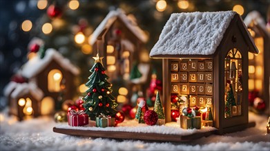 Traditional advent calendar door opening, showing a tiny festive scene inside with miniature