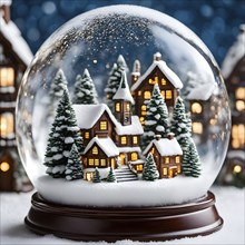 Snow globe with a tiny festive village inside, capturing the swirling snow and the light