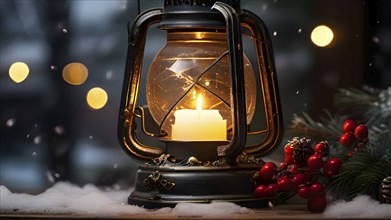 Rustic lantern with a flickering candle inside, surrounded by sprigs of pine and red berries,