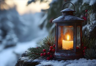 Rustic lantern with a flickering candle inside, surrounded by sprigs of pine and red berries,