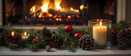 A cozy fireplace mantle decorated with pine cones, garlands, and lit candles, with a close-up focus