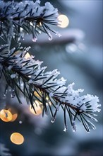 Detailed shot of frosted pine branches with twinkling fairy lights and icicles hanging, creating a