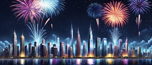 Wallpaper illustration of a cityscape on New Year's Eve, with glowing skyscrapers and floating