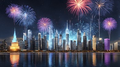 Wallpaper illustration of a cityscape on New Year's Eve, with glowing skyscrapers and floating