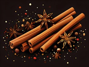 Abstract wallpaper illustration of Christmas spices like cinnamon sticks, star anise, and cloves,