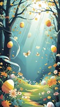 Surreal Easter scene with floating eggs, ribbons, and flowers in a dreamlike, whimsical composition