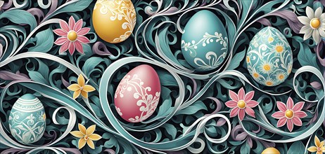 A whimsical abstract pattern with intertwined ribbons, eggs, and floral motifs, with a mix of sharp