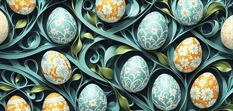 A whimsical abstract pattern with intertwined ribbons, eggs, and floral motifs, with a mix of sharp