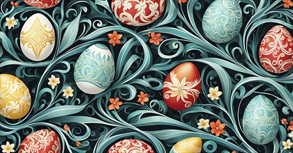 A whimsical abstract pattern with intertwined ribbons, eggs, and floral motifs, with a mix of sharp