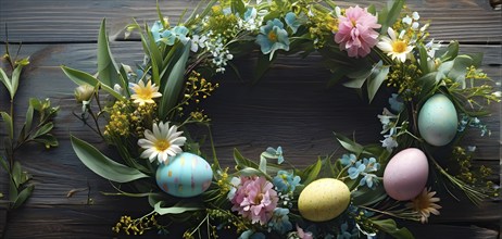 Spring wreath with pastel ribbons, speckled eggs, and blooming flowers, hanging on a wooden