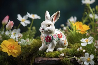 Vintage porcelain rabbit figurine surrounded by small, colorful spring flowers and soft moss, AI