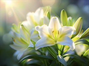 Blooming Easter lilies with soft white petals and a yellow center, bathed in gentle sunlight, AI