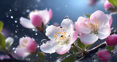 Blossoming apple blossoms in springtime, with soft pink and white petals contrasting against a