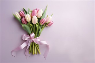 Bouquet with white and pink tulip spring flowers and silk ribbon. KI generiert, generiert AI