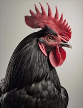 Black rooster (Gallus gallus domesticus), male domestic fowl, portrait, cropped, AI generated, AI