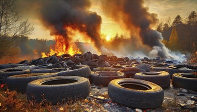 Symbolism, large junkyard with old burning car tyres, AI-generated, AI-generated, AI generated