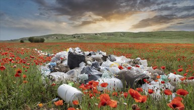 Symbolism, rubbish in the landscape, poppy field, AI-generated, AI-generated, AI generated