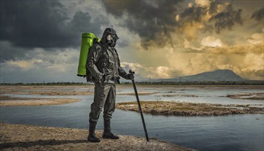 Symbolism, climate catastrophe, researchers in protective suits taking samples, AI-generated, AI