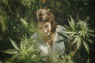 Teenager in an intoxicated state in a hemp field, surrounded by hemp leaves, cannabis, industrial