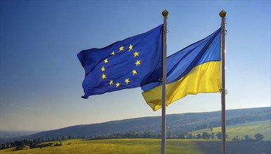 The flags of Ukraine and the European Union, EU, flutter in the wind, AI generated