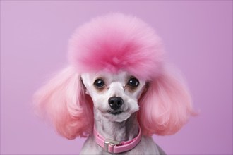 Funny poodle dog with pink dyed fur in front of studio background. KI generiert, generiert, AI