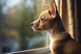 Small dog looking out of window, waiting for owner to come home. KI generiert, generiert, AI