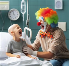 A clown, a hospital clown, in mask, red nose and costume with a sick child in the hospital and