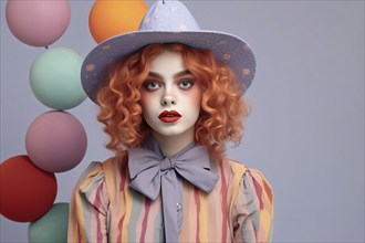 Woman dressed up as clown with balloons in background. KI generiert, generiert AI generated