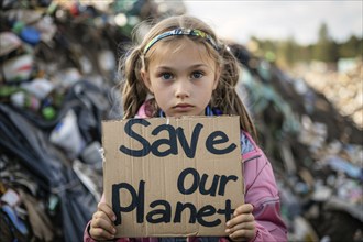 Activist with cardboard sign with text 'Save our planet' in front of blurry mountain of garbage. KI