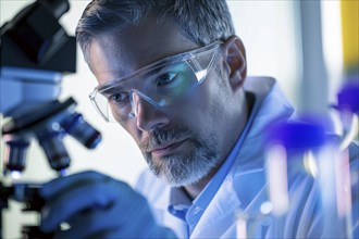 Male scientist with safety glasses in research lab. KI generiert, generiert, AI generated