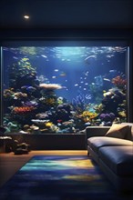 Large vibrant aquarium centerpiece in a cozy living room, AI generated