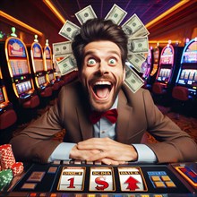 A man sits cheering in a casino, symbolic image gambling addiction, addiction, gambling, gambling