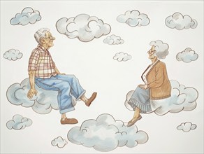 A caricature, illustration of an elderly couple sitting on clouds, cheerful idea of the afterlife,