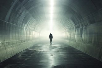 Silhouette of a man standing in a tunnel, light at the end of the tunnel, symbolic image for