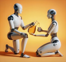 A male humanoid robot kneels in front of a female humanoid robot and pours her oil from a jug,