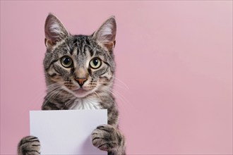 Tabby cat holding empty white sign in front of studio background. KI generiert, generiert, AI