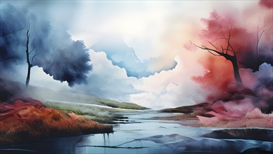 AI generated painting of a surreal landscape with digital brush strokes intertwining with