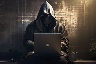 AI generated hooded man clutching a laptop symbolizing cyber criminality