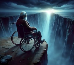 An old man sits in a wheelchair on a precipice, symbolic image of illness, psychology, AI