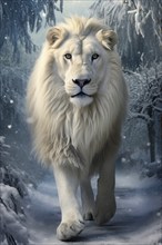 Portrait of a White Male lion in a snowy environment, AI generated