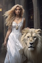 Beautiful young woman with long blonde hair with her white pet lion, AI generated