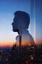 AI generated profile of a businessman with a double exposure of city lights, representing business