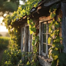 AI generated close up of a rustic vineyard cottage nestled amidst lush summer colored vine leaves