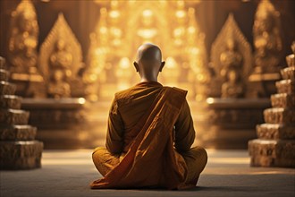 Back view of monk in Buddhist temple. KI generiert, generiert AI generated